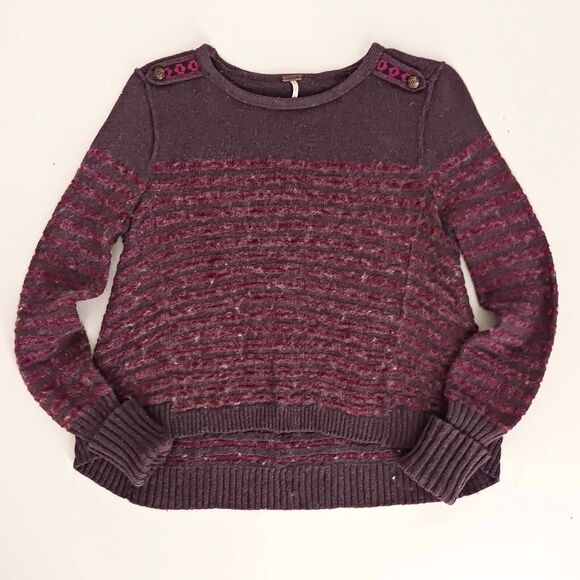 Free People Pullover Sweater Plum Striped Angora Wool Hi Low Sz S - Picture 1 of 7